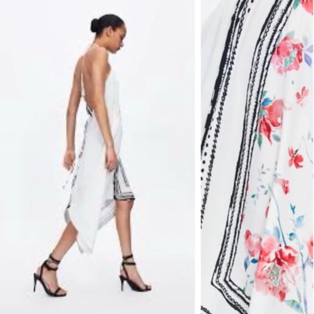 ZARA Combined Asymmetric Halter V-Neck Dress Rose Print Black/White/Red Sz S NEW - Picture 4 of 6